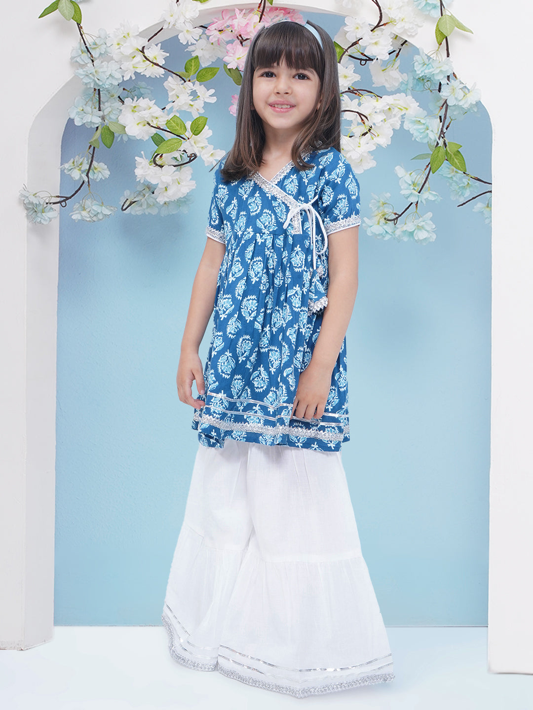 Girls Block Printed Gota Patti Cotton Angrakha Kurti with Sharara - Blue & White