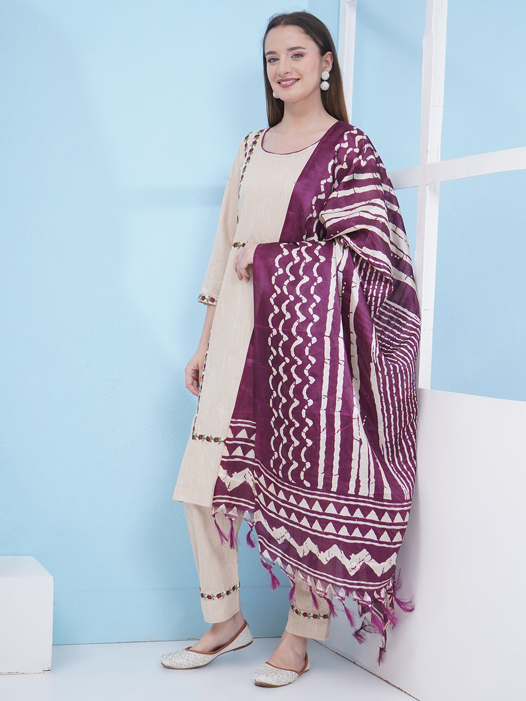 Embroidery Khadi Suit Set - Cream & Purple