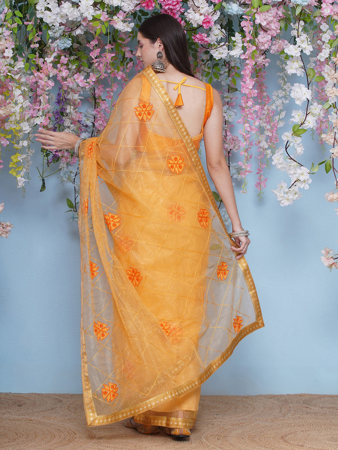 Net Emboridary Saree - Orange