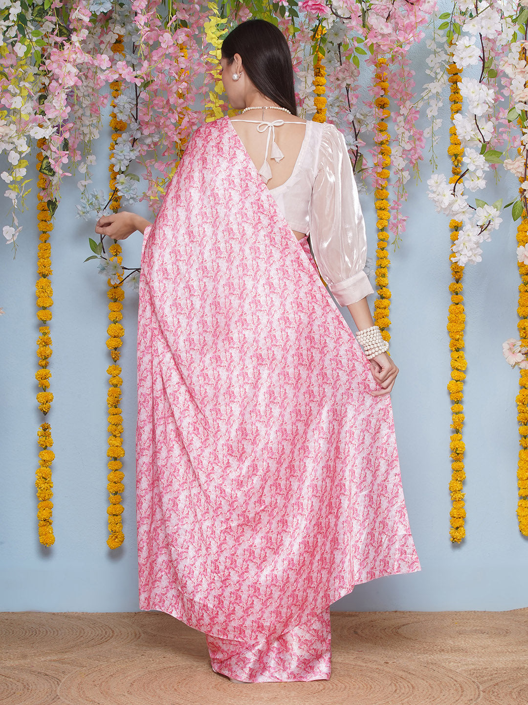 Floral Print Satin Silk Saree - Light Pink