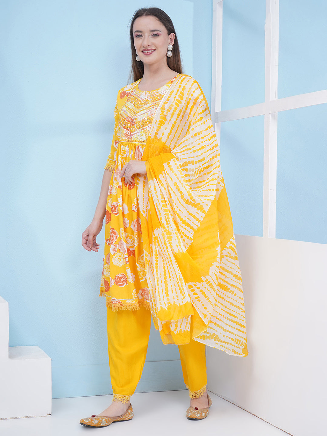 Nyra Cut Floral Print Suit Set - Yellow