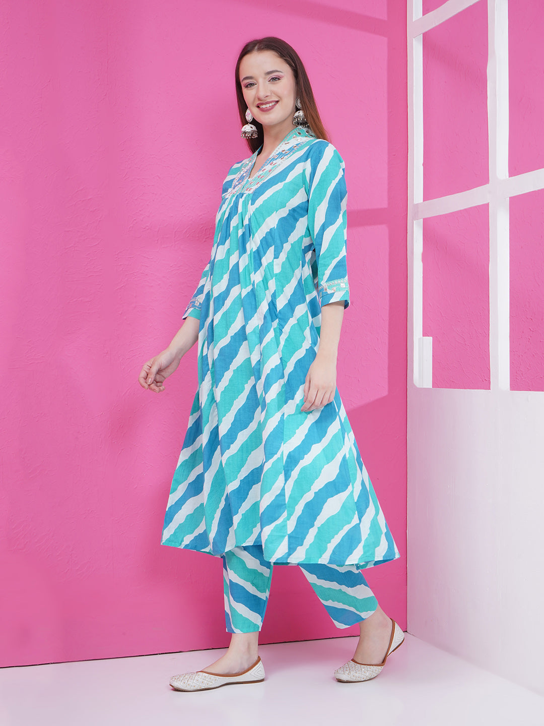 Lehriya Kurti & Pant Set - Cyan & Blue