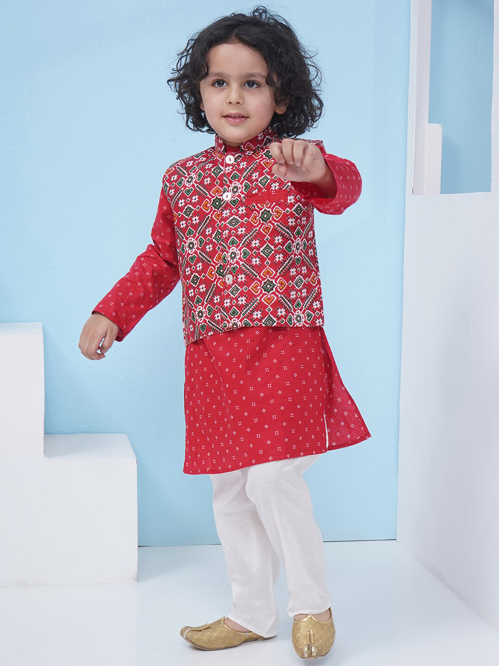 Boys Patola Print Cotton Kurta with Pajama With Jacket - Red