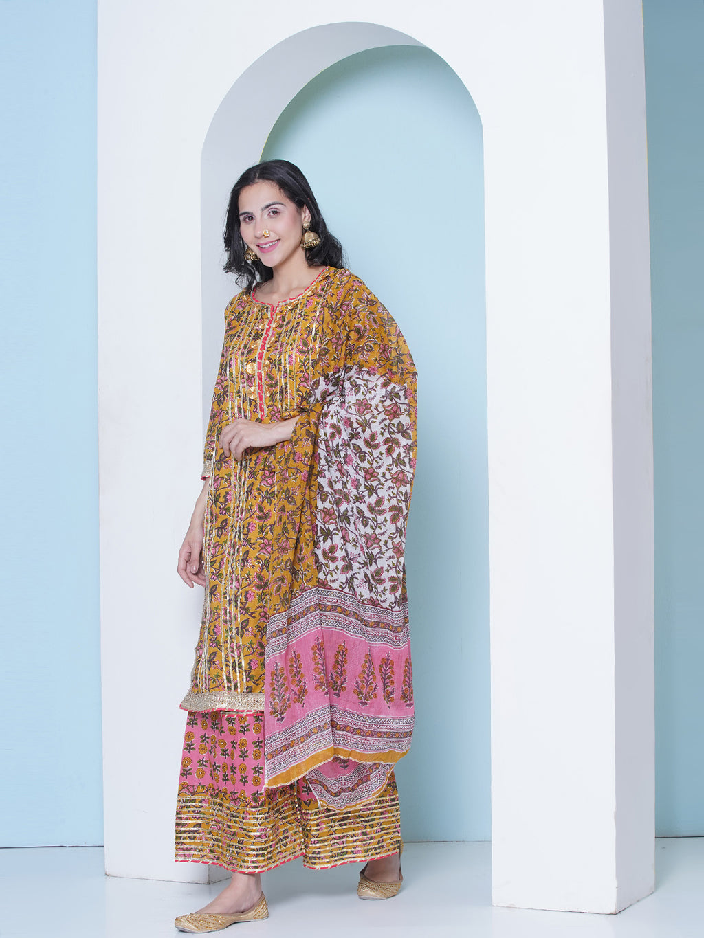 Printed Sharara Suit Set - Yellow & Peach
