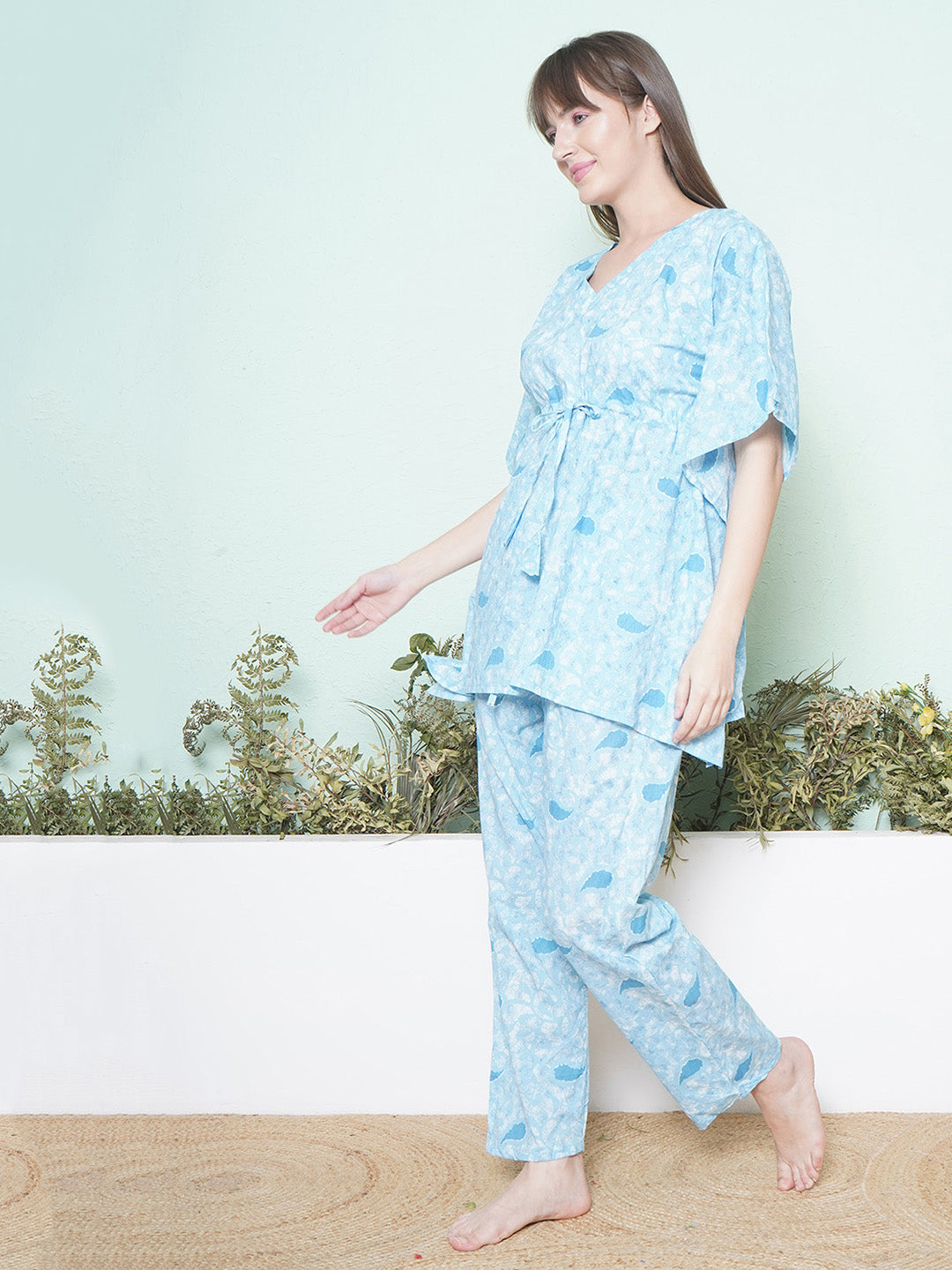 Printed Kaftan Lounge Wear - Light Blue