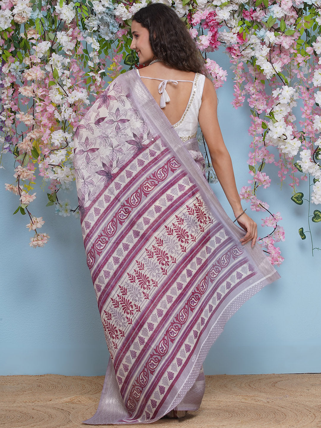 Cotton Silk Jacobean Pattern Saree - Lavender