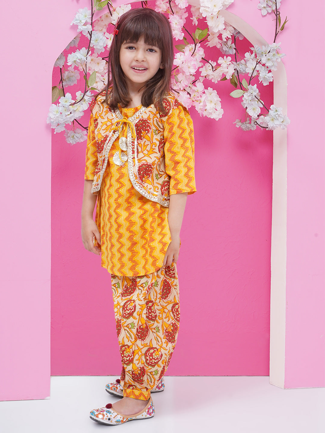 Girls Floral Gota patti Suit - Mustard Yellow