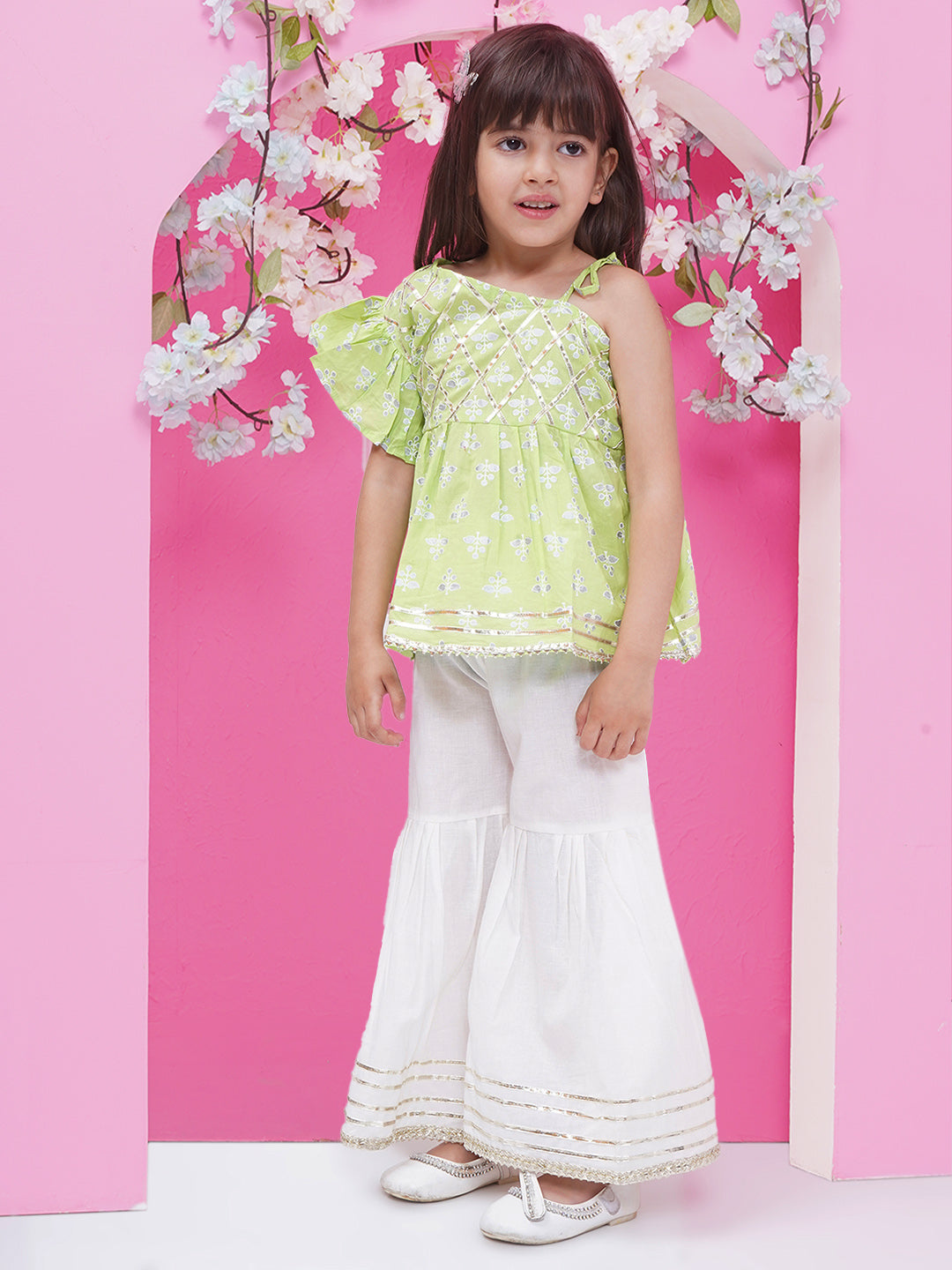 Girls Floral Printed Gota Patti Cotton off Shoulder Peplum Sharara - Light Green