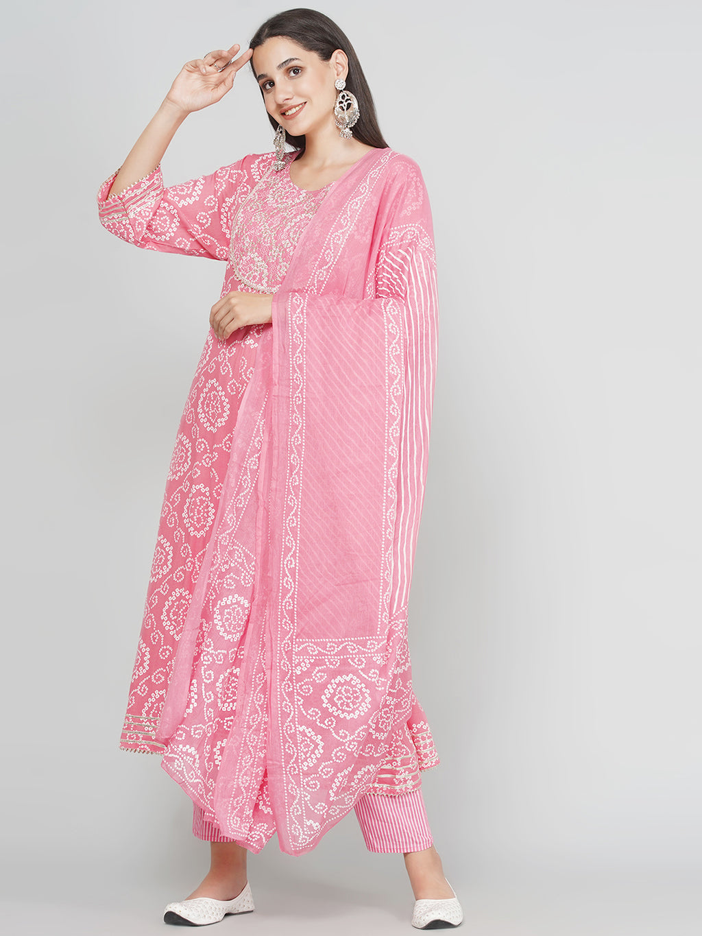 Gota Patti Bandhani Print Suit Set - Baby Pink