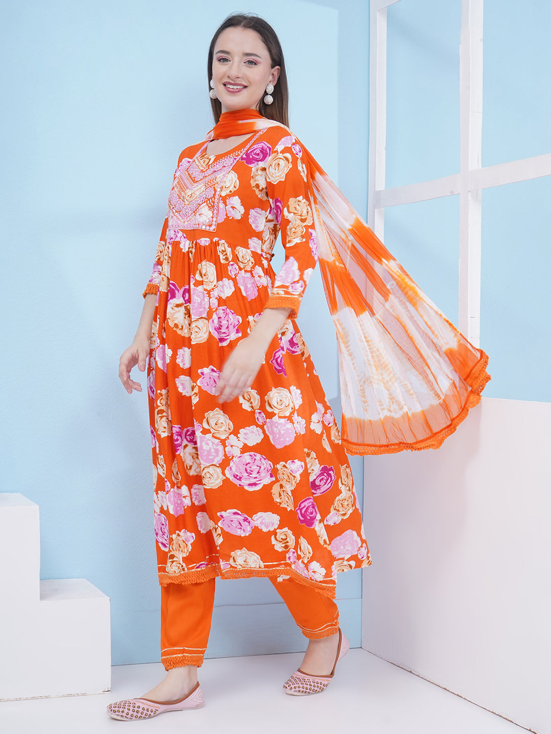 Nyra Cut Floral Print Suit Set - Orange