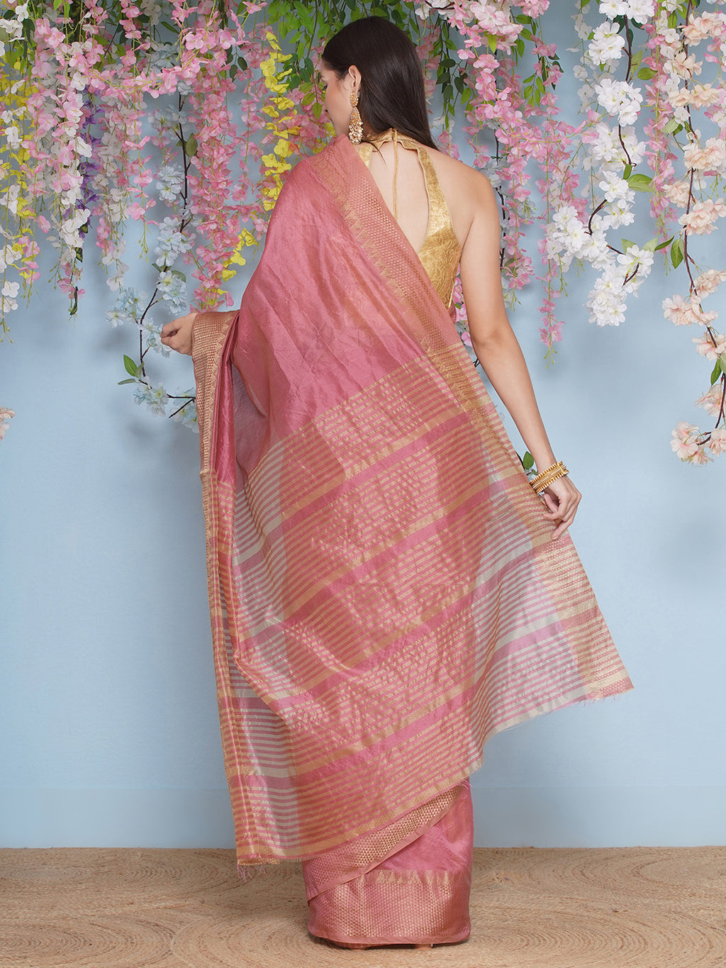 Tussar Silk Saree with Golden Zari Work - Coral Pink