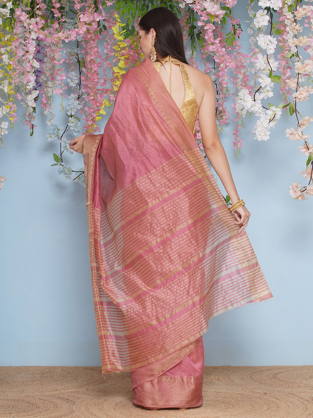 Tussar Silk Saree with Golden Zari Work - Coral Pink