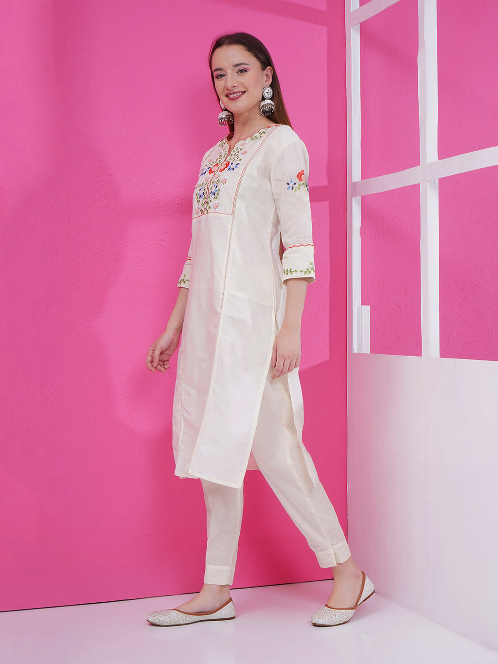 Embroidery Khadi Kurti & Pant Set - Cream