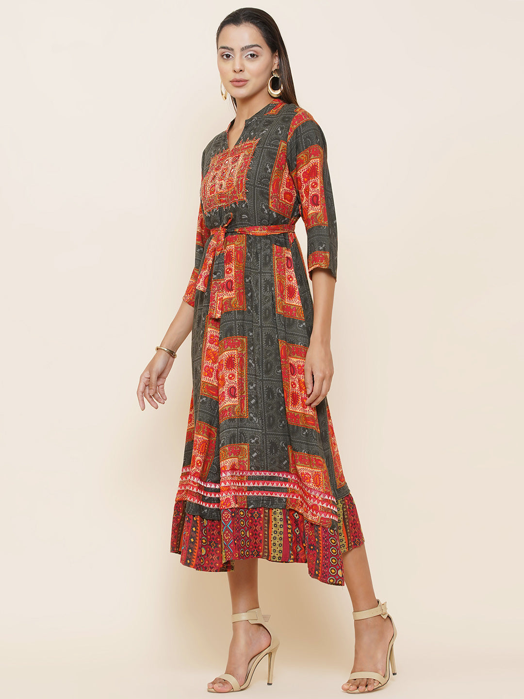 Motifs Printed Dress - Grey & Orange