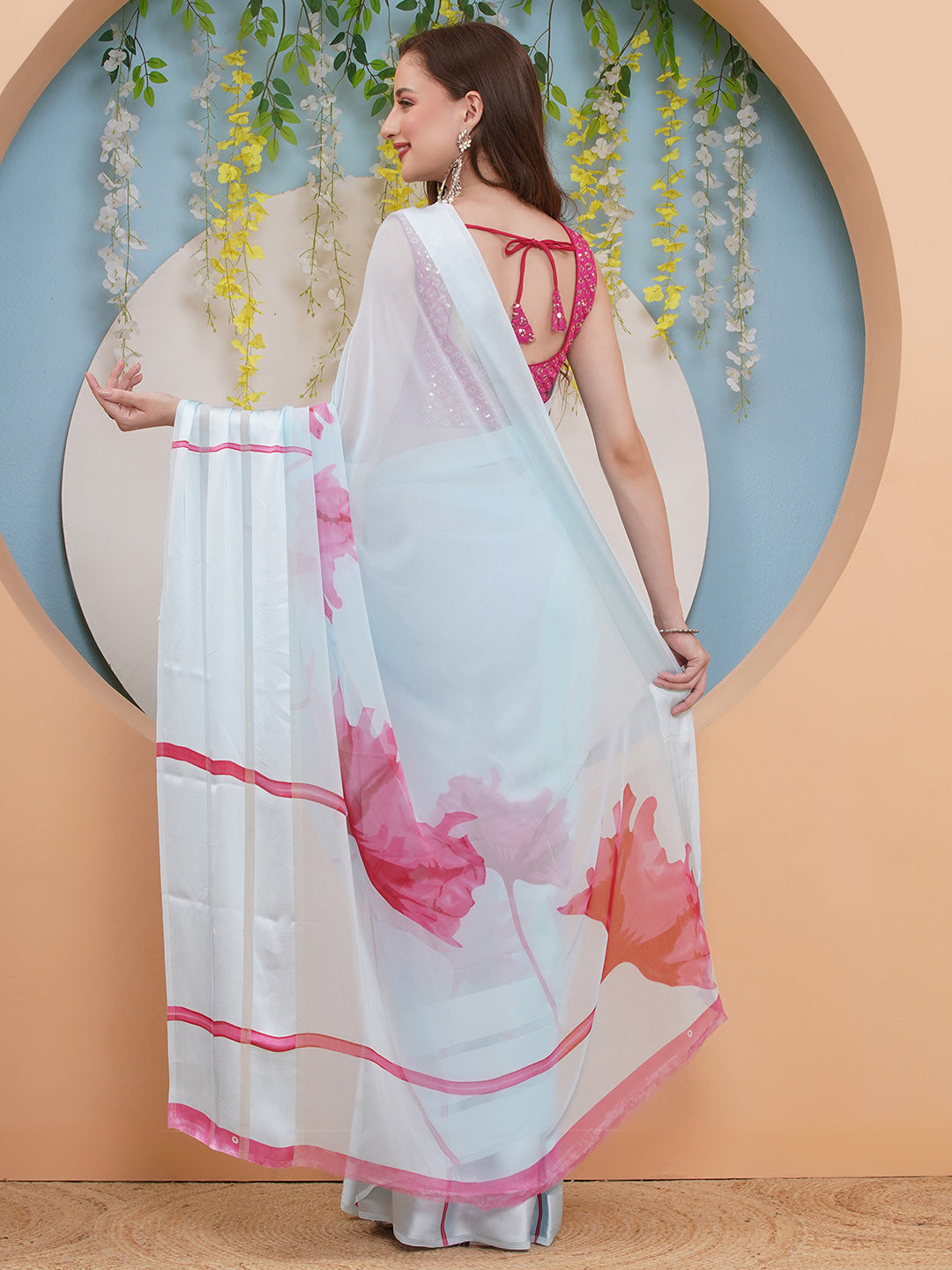 Floral Print Chiffon Saree - Light Blue-Pink