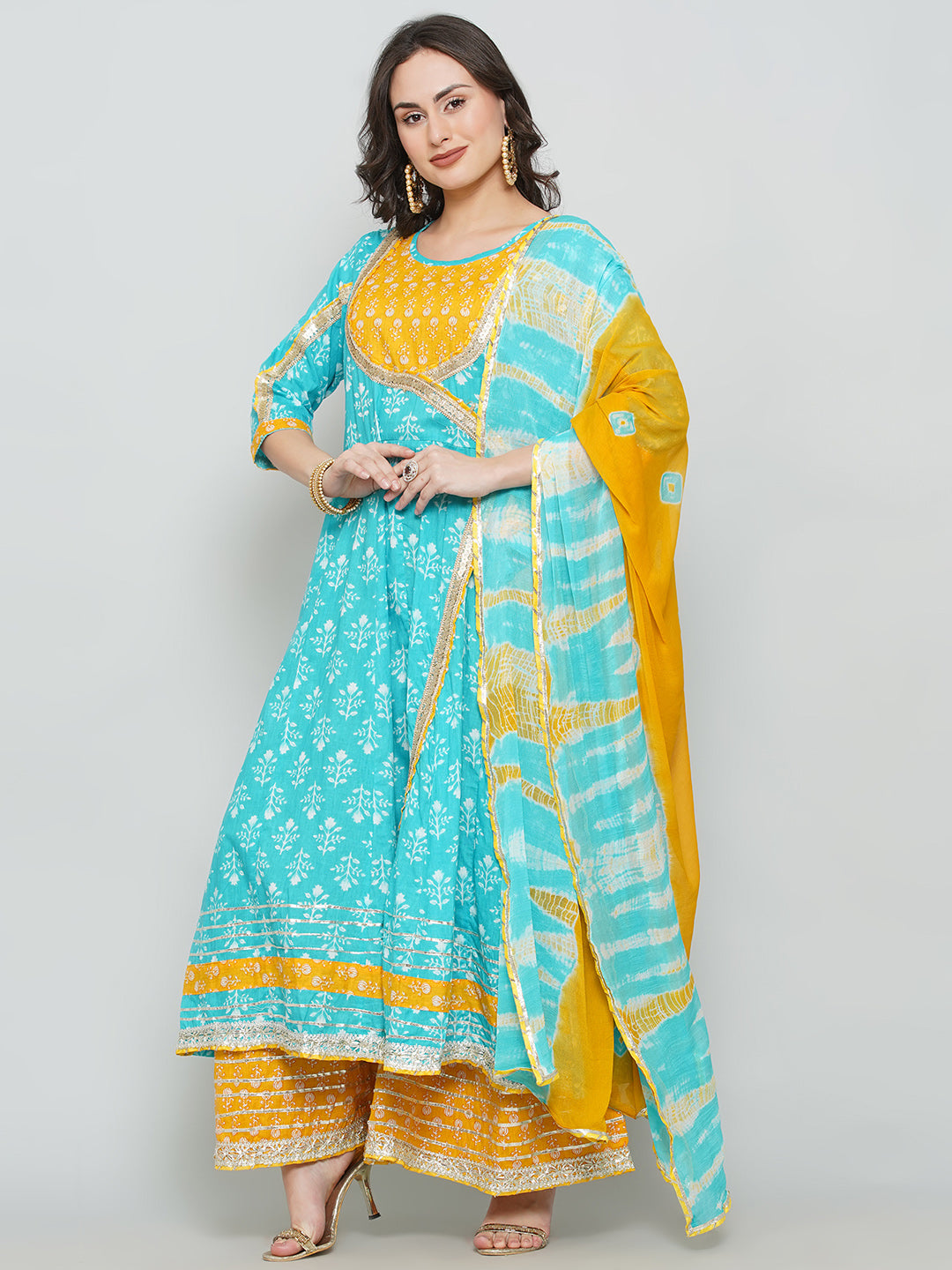 Gota Patti Sharara Suit Set - Cyan & Yellow