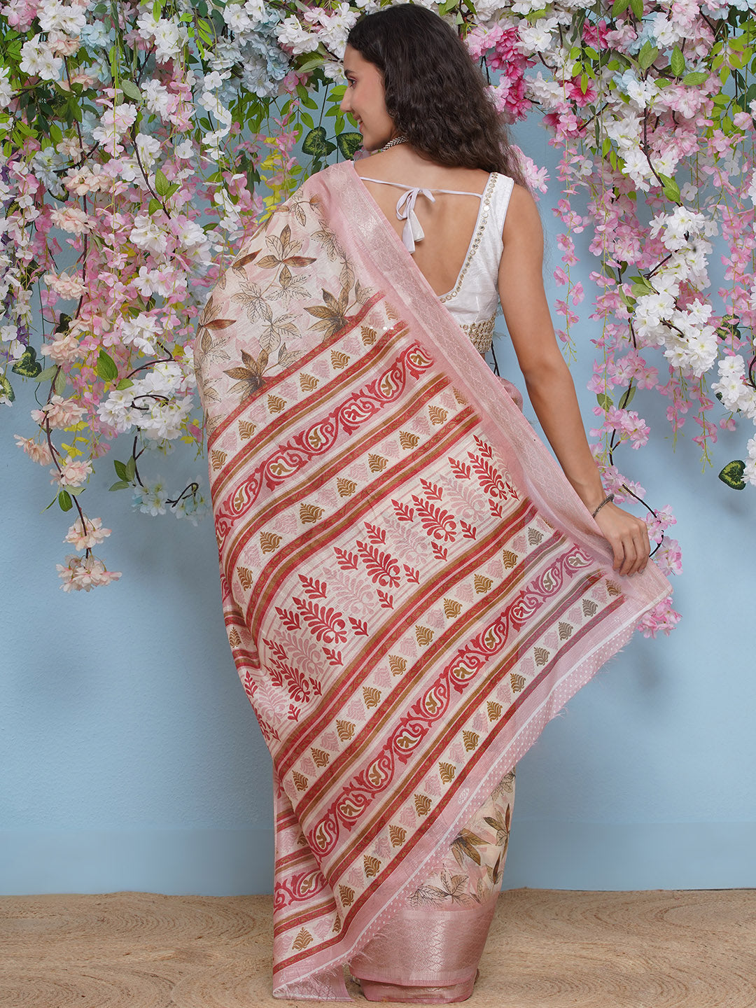 Cotton Silk Jacobean Pattern Saree - Pastel Pink