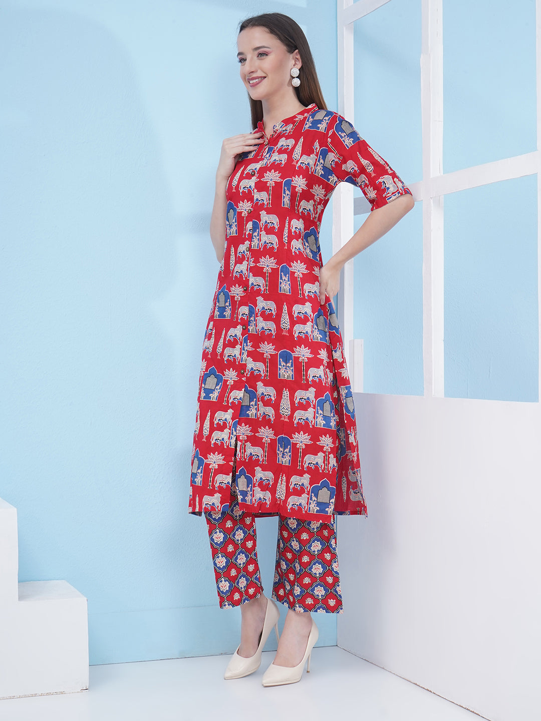 Printed Co-Ord Set for Women - Red & Blue