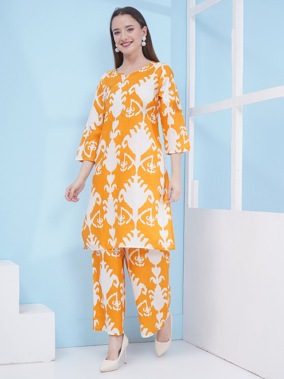 Motifs Printed Cotton Co-ord Set - Yellow