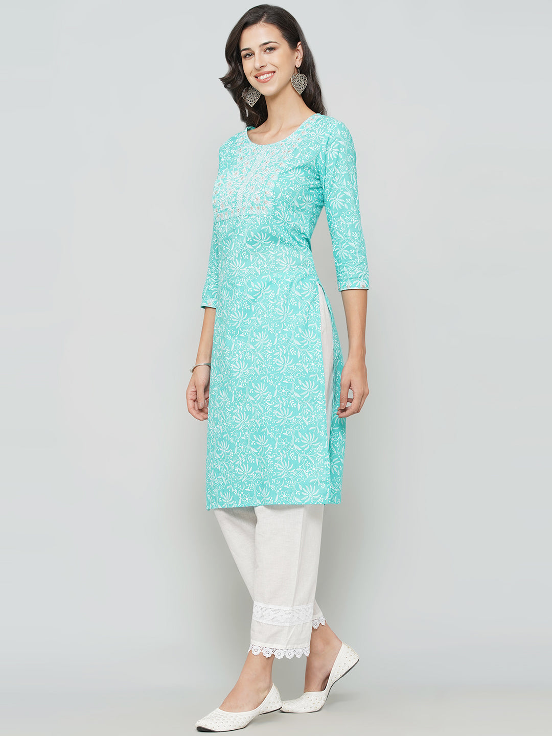 A-Line Kurti Pant Set - Cyan
