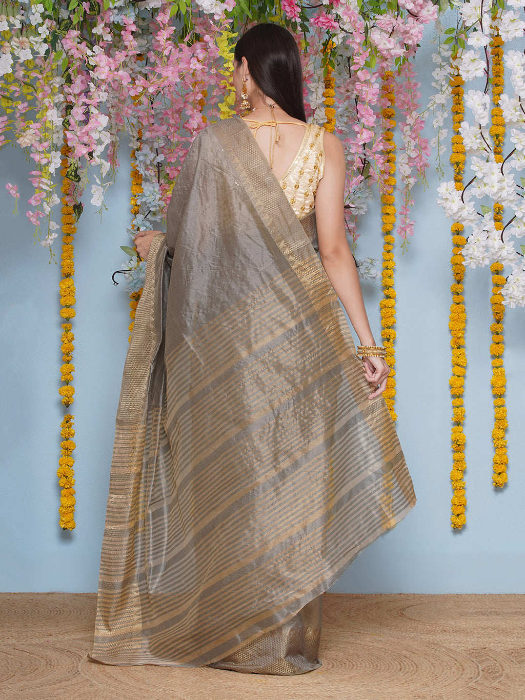 Tussar Silk Saree with Golden Zari Work - Grey