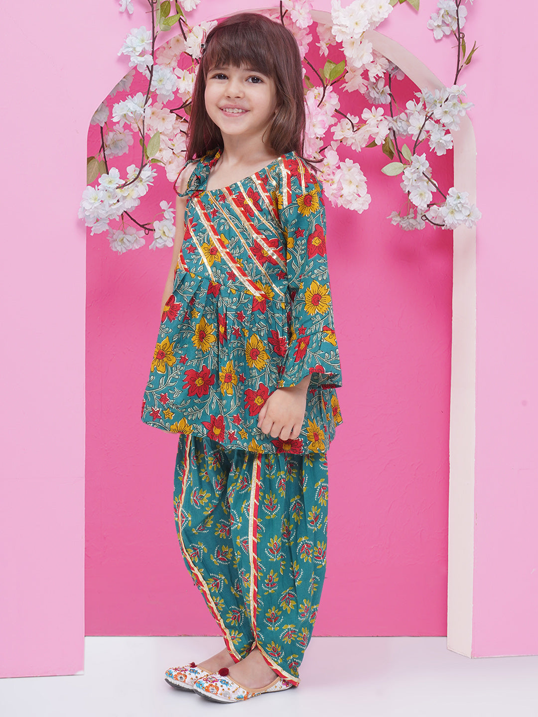 Girls Gota Patti Printed off shoulder Kurta with Dhoti Pant - Teal