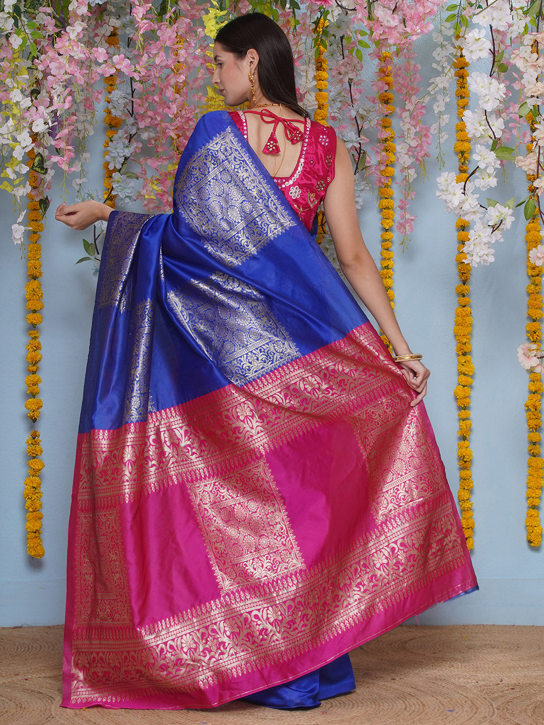 Silk Jacquard Zari Kanjeevaram Saree - Cobalt Blue & Magenta Pink