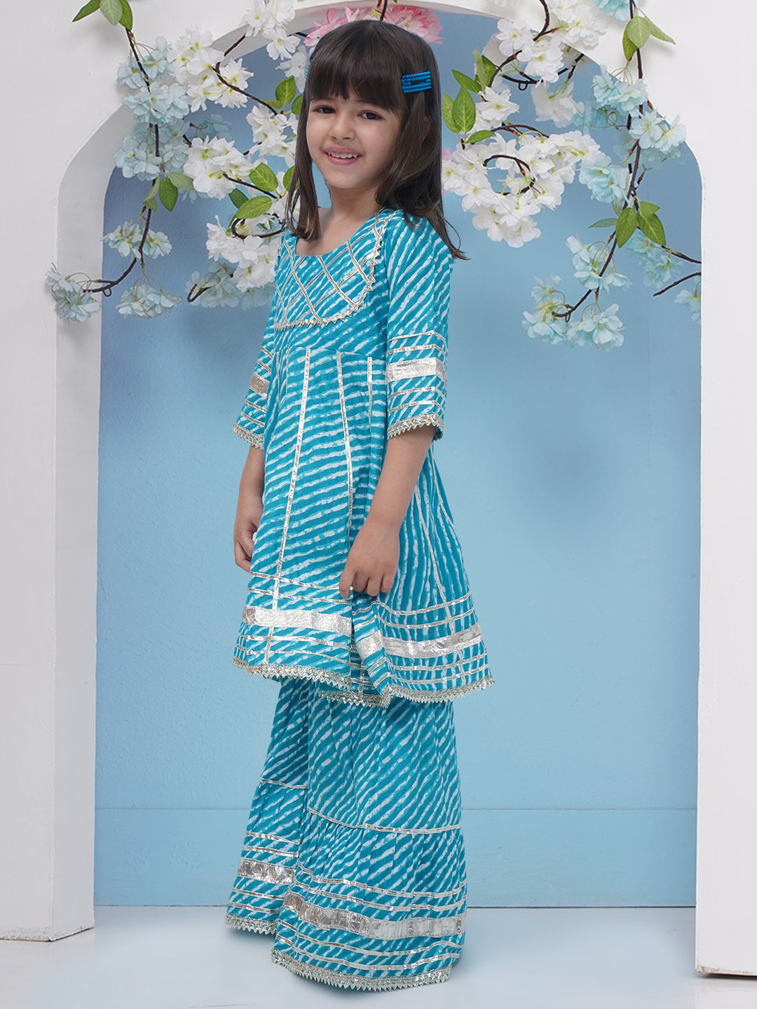 Girls Leheriya Print Gota Patti Pure Cotton Sharara - Blue