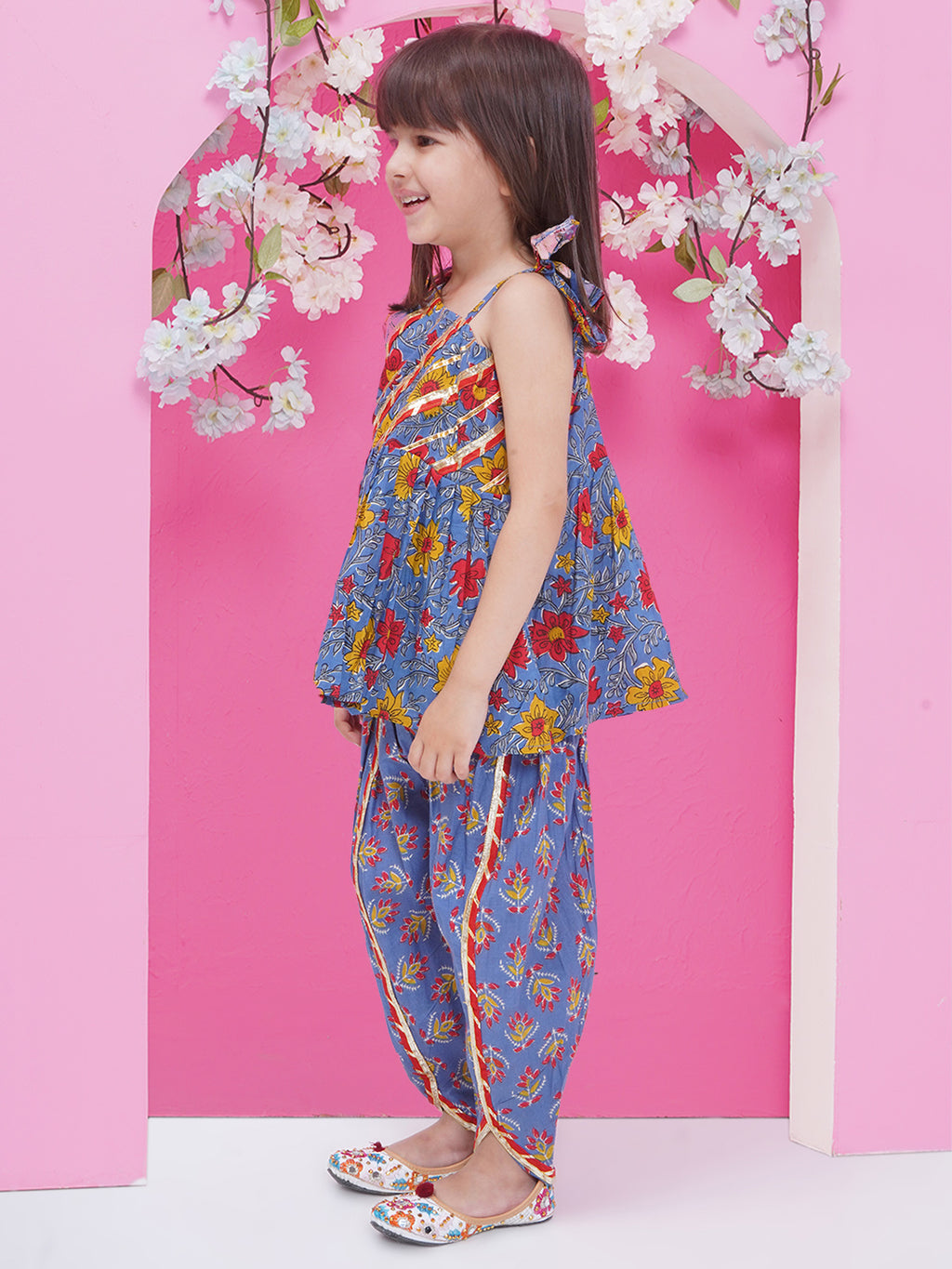 Girls Gotta Patti Printed off shoulder Kurti with Dhoti Pant - Purple