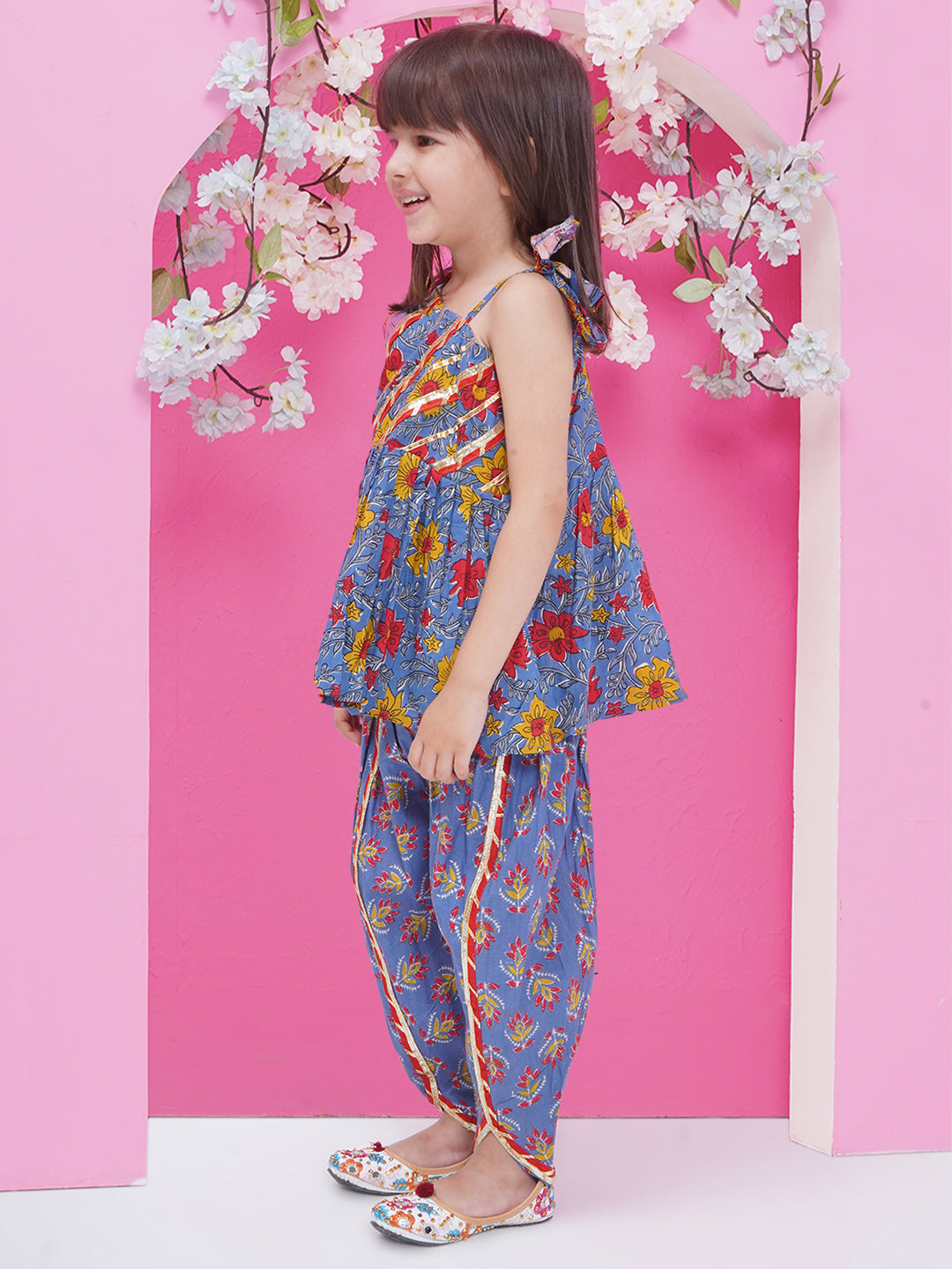Girls Gotta Patti Printed off shoulder Kurti with Dhoti Pant - Purple