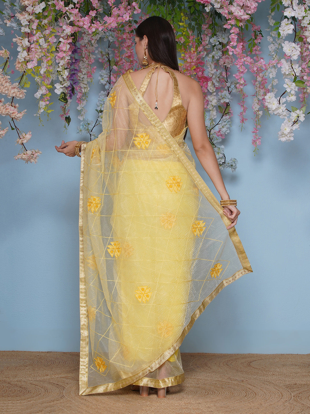 Net Embroidery Saree - Yellow