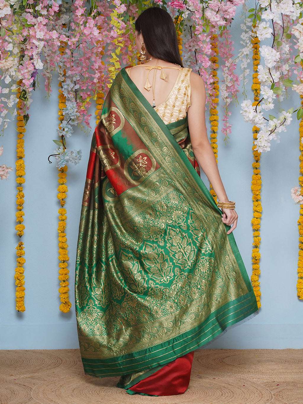 Banarasi Silk Jacquard Zari Kanjeevaram Saree - Peacock Green