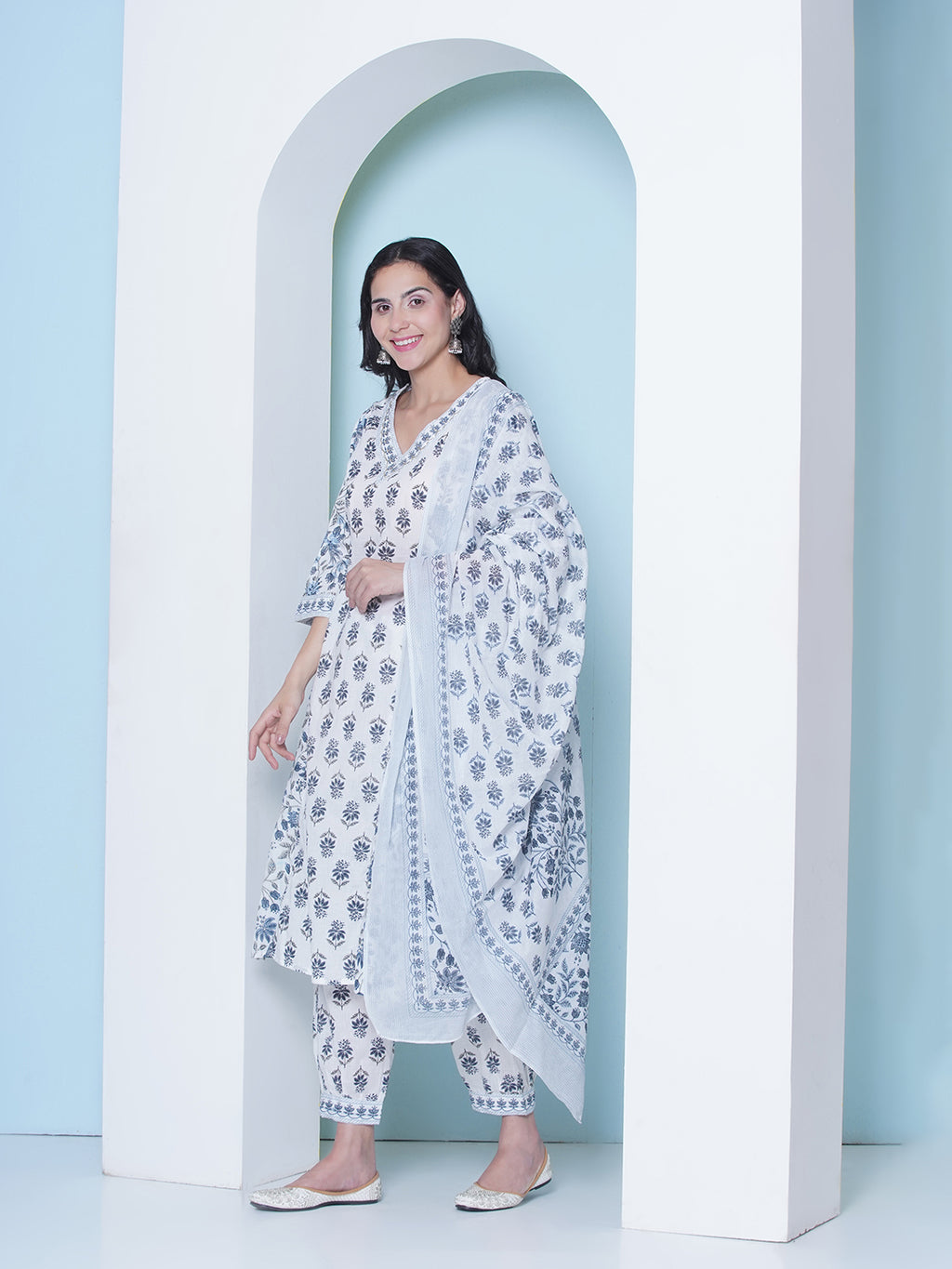 Printed Motif Kurti with Afghani Pant & Dupatta - Blue