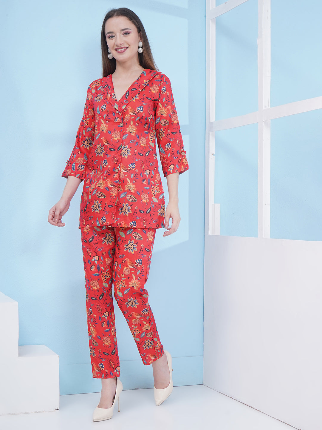 Muslin Floral Print Co-Ord Set - Red