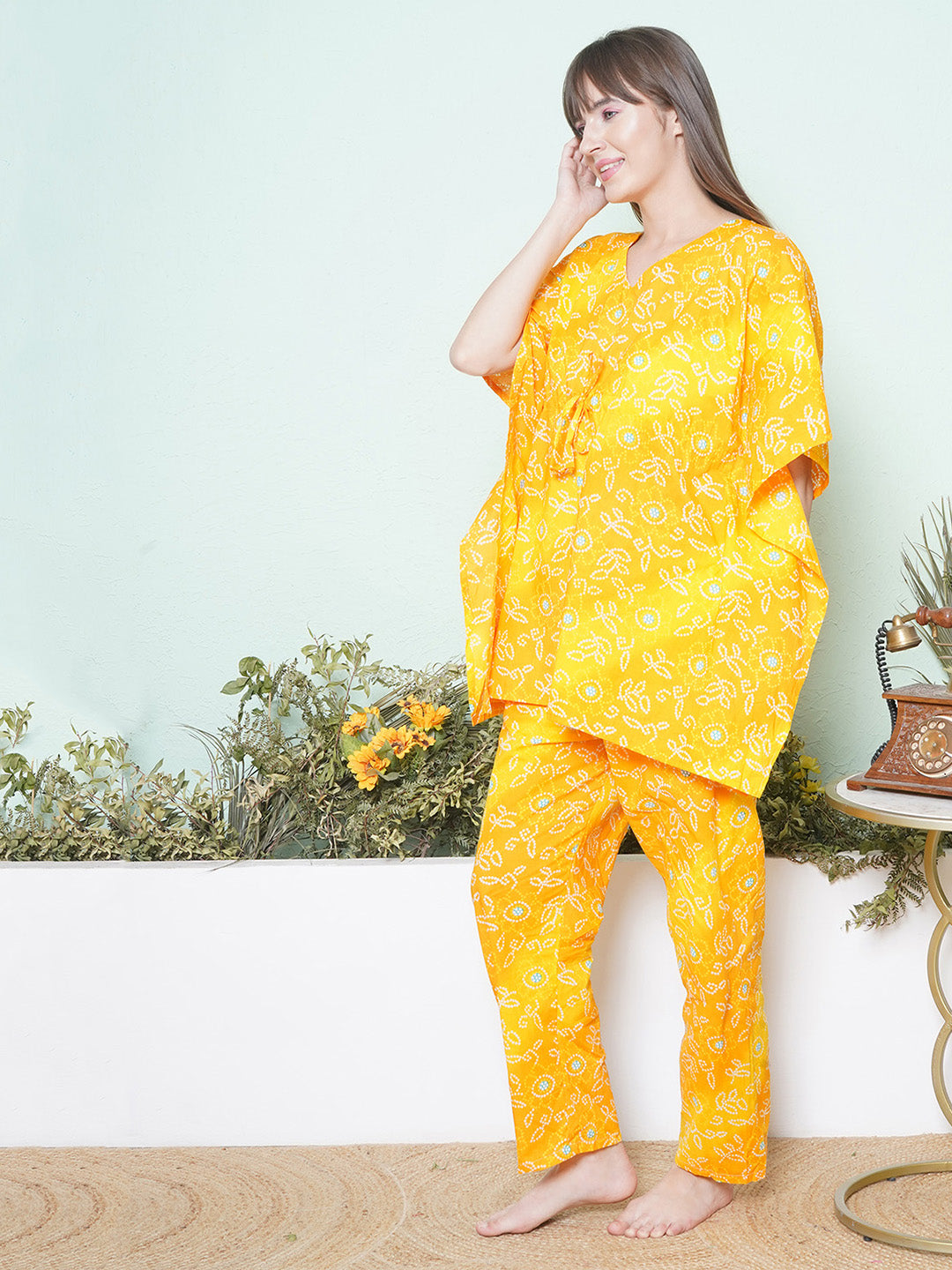 Printed Kaftan Lounge Wear - Yellow