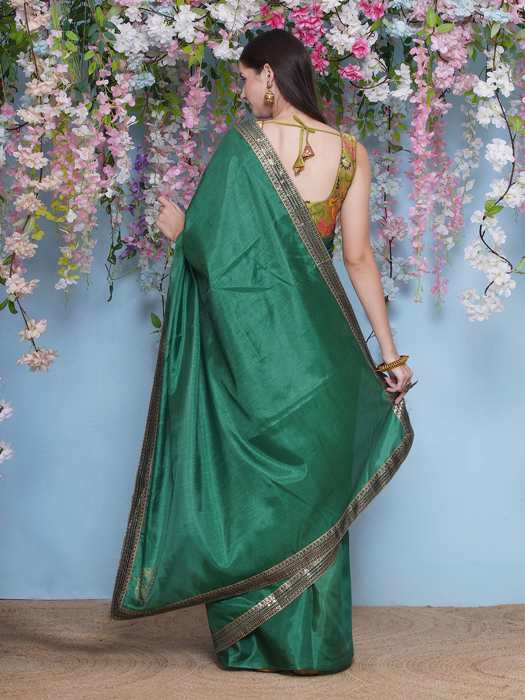 Svaroski Buta Silk Blend Saree - Emerald Green