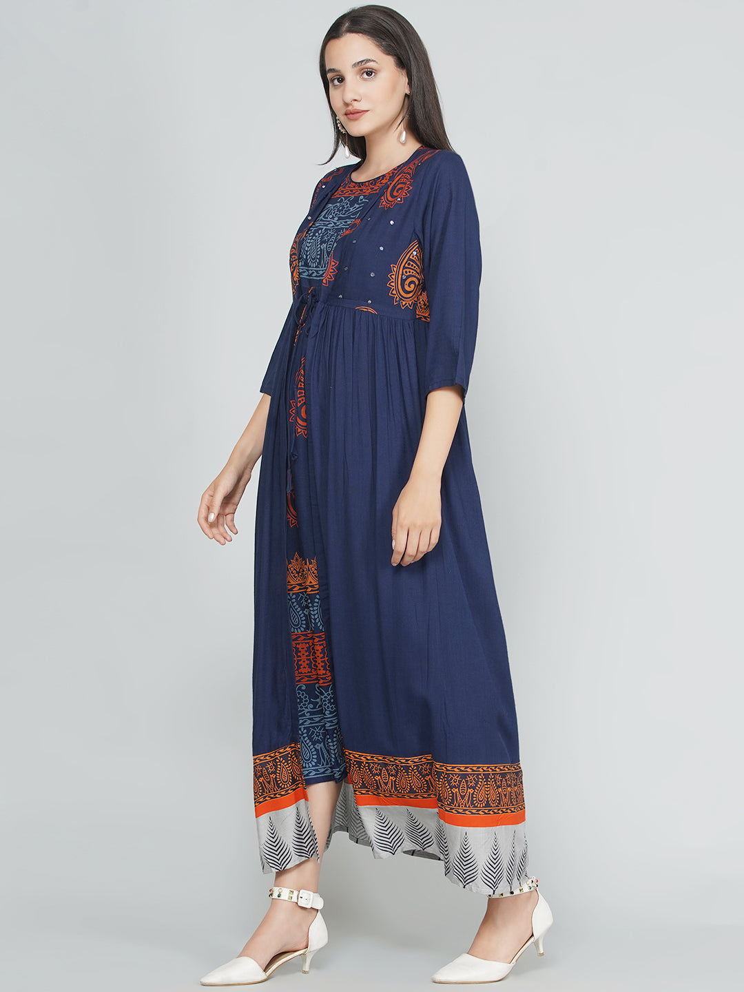 Paisley Print Dress with Shrug - Indigo