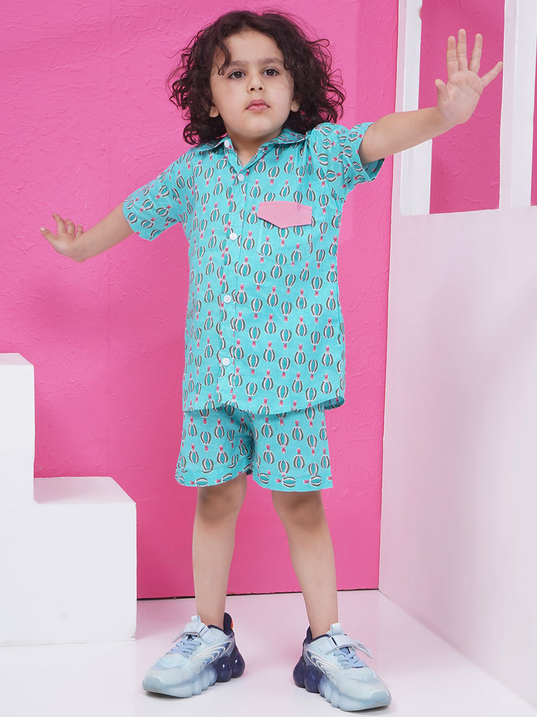 Boys Printed Short Set - Aqua Blue