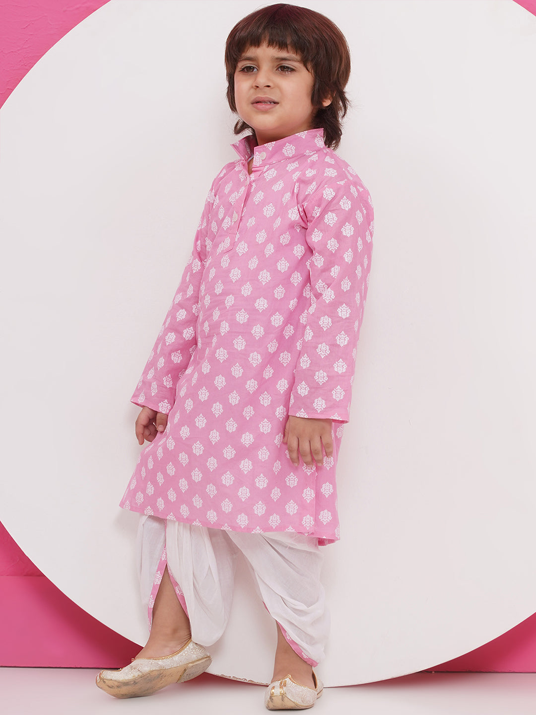 Boys Boti Printed Cotton Kurta with Dhoti - Pink