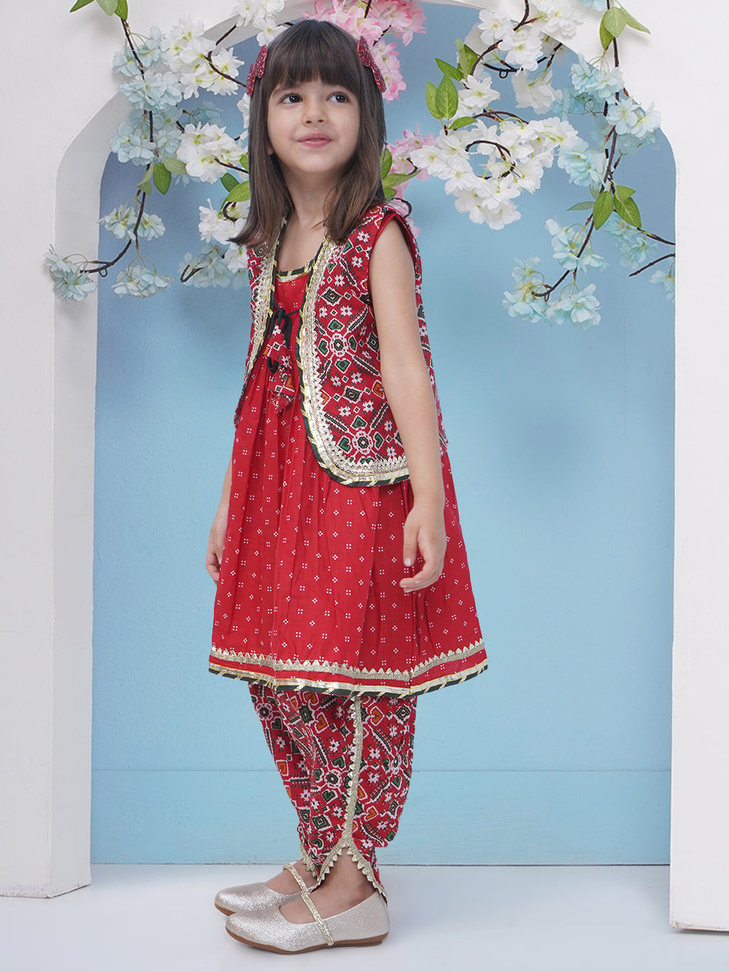 Girls Patola Print Gotta Patti Cotton Kurti with Dhoti Pant - Red