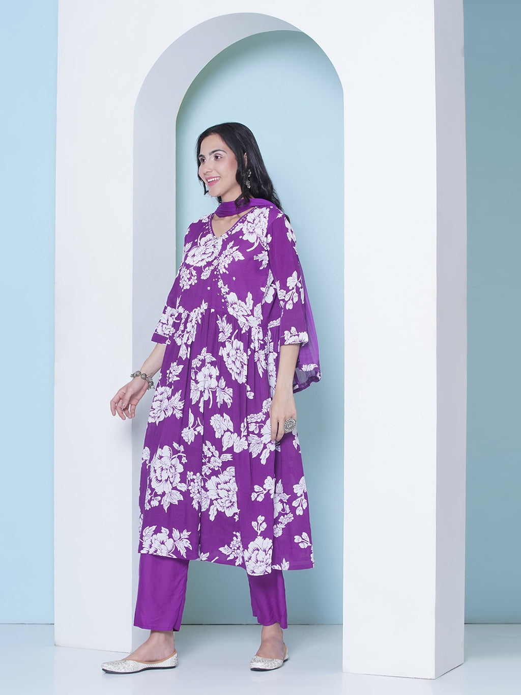 Floral Print Suit Set - Purple