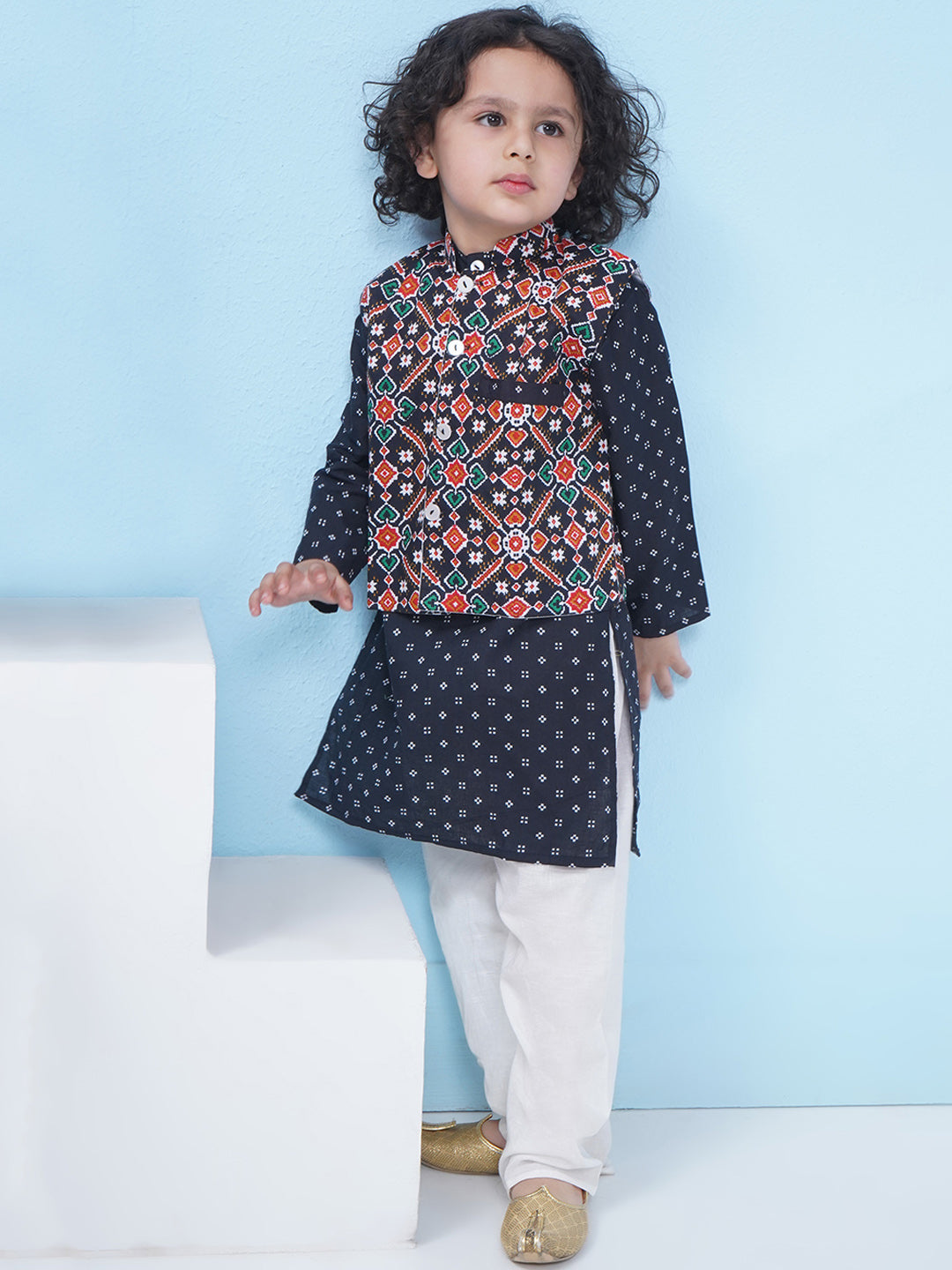 Boys Patola Print Cotton Kurta with Pajama With Jacket - Dark Blue