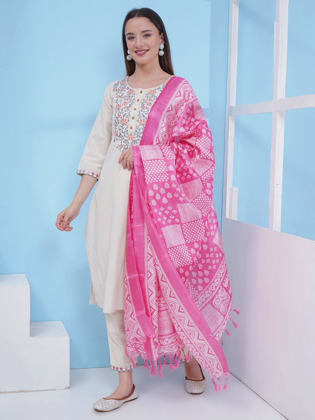 Embroidery Khadi Suit Set - Cream & Pink