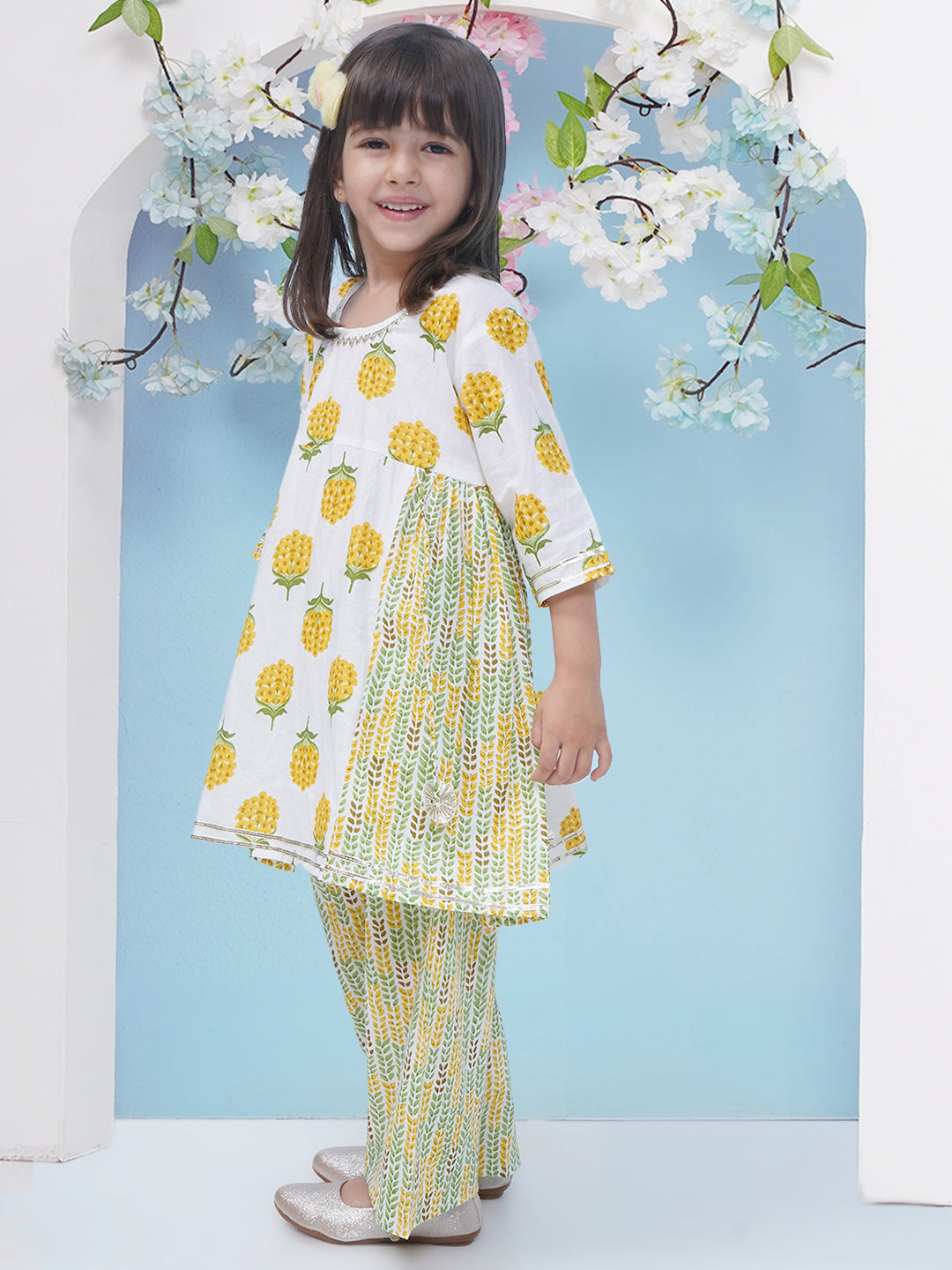 Girls Floral Printed Cotton A-line Kurti With Palazzo - Yellow