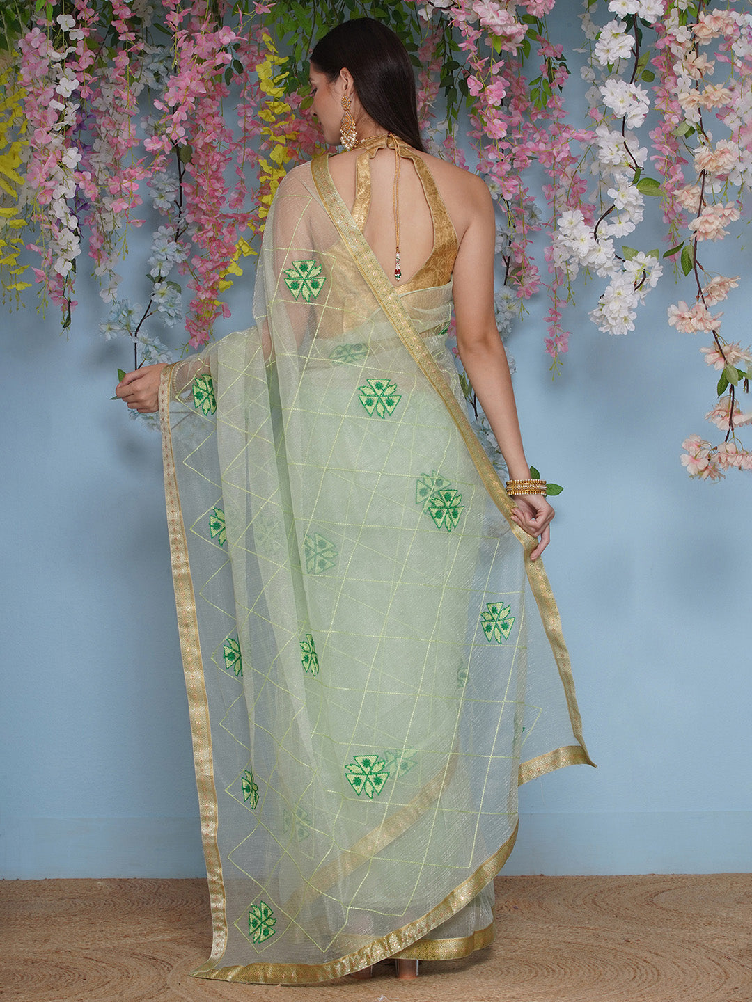 Net Embroidery Saree - Light Green