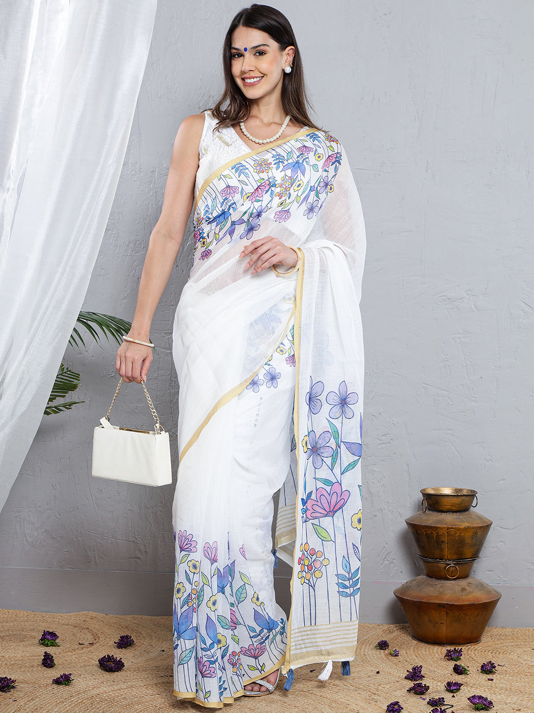 Floral Printed Soft Linen Saree - Blue