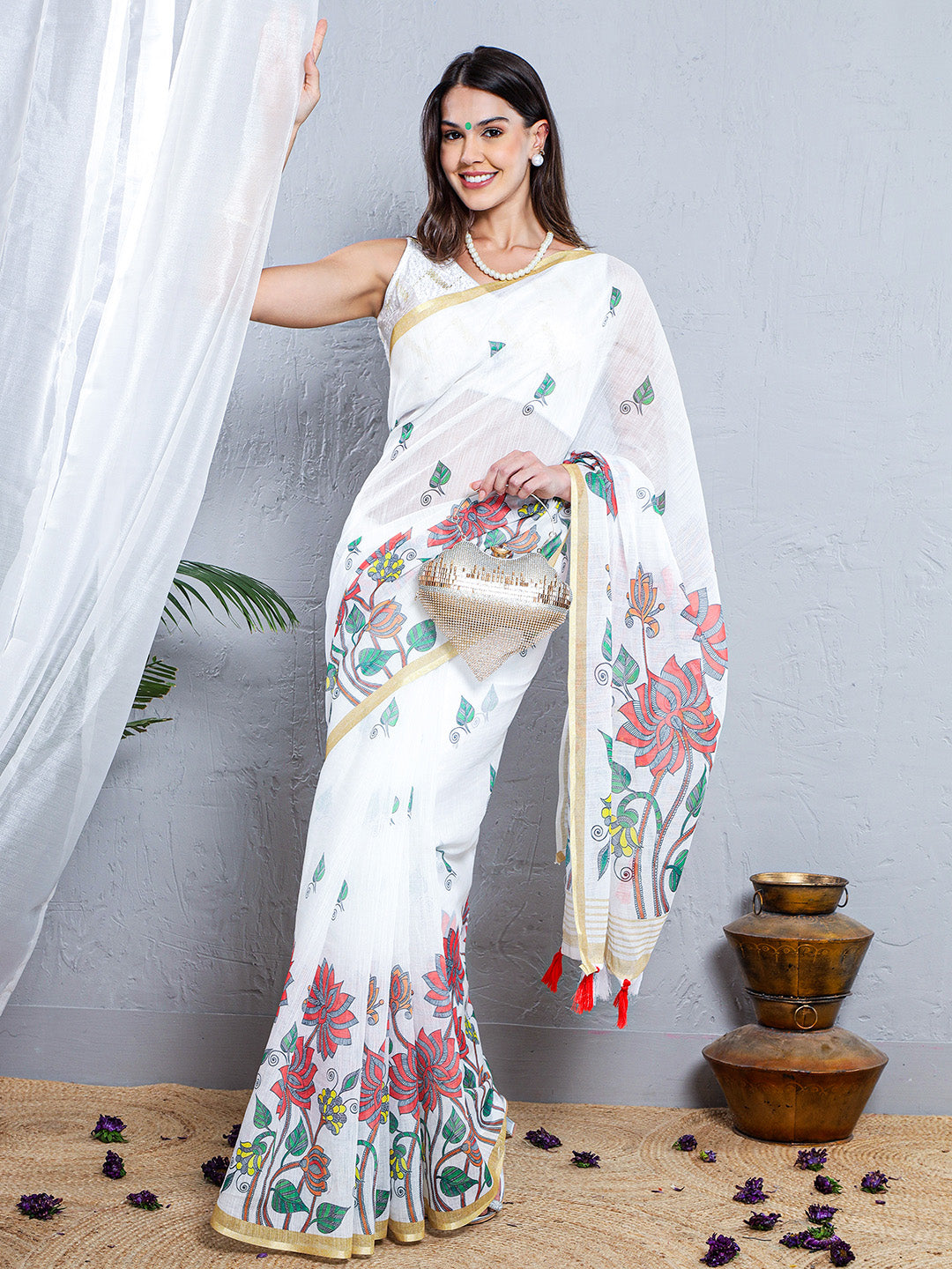 Floral Print Soft Linen Saree - Orange