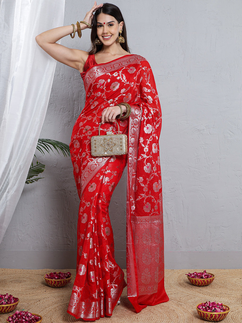 Banarasi Silk Meena Jaal Weave Saree - Red