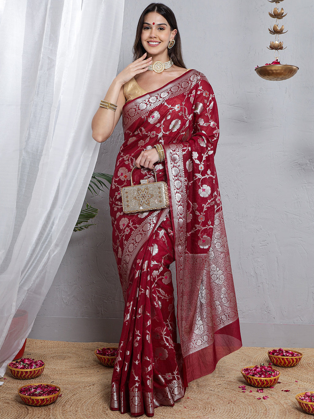 Banarasi Silk Meena Jaal Weave Saree - Maroon