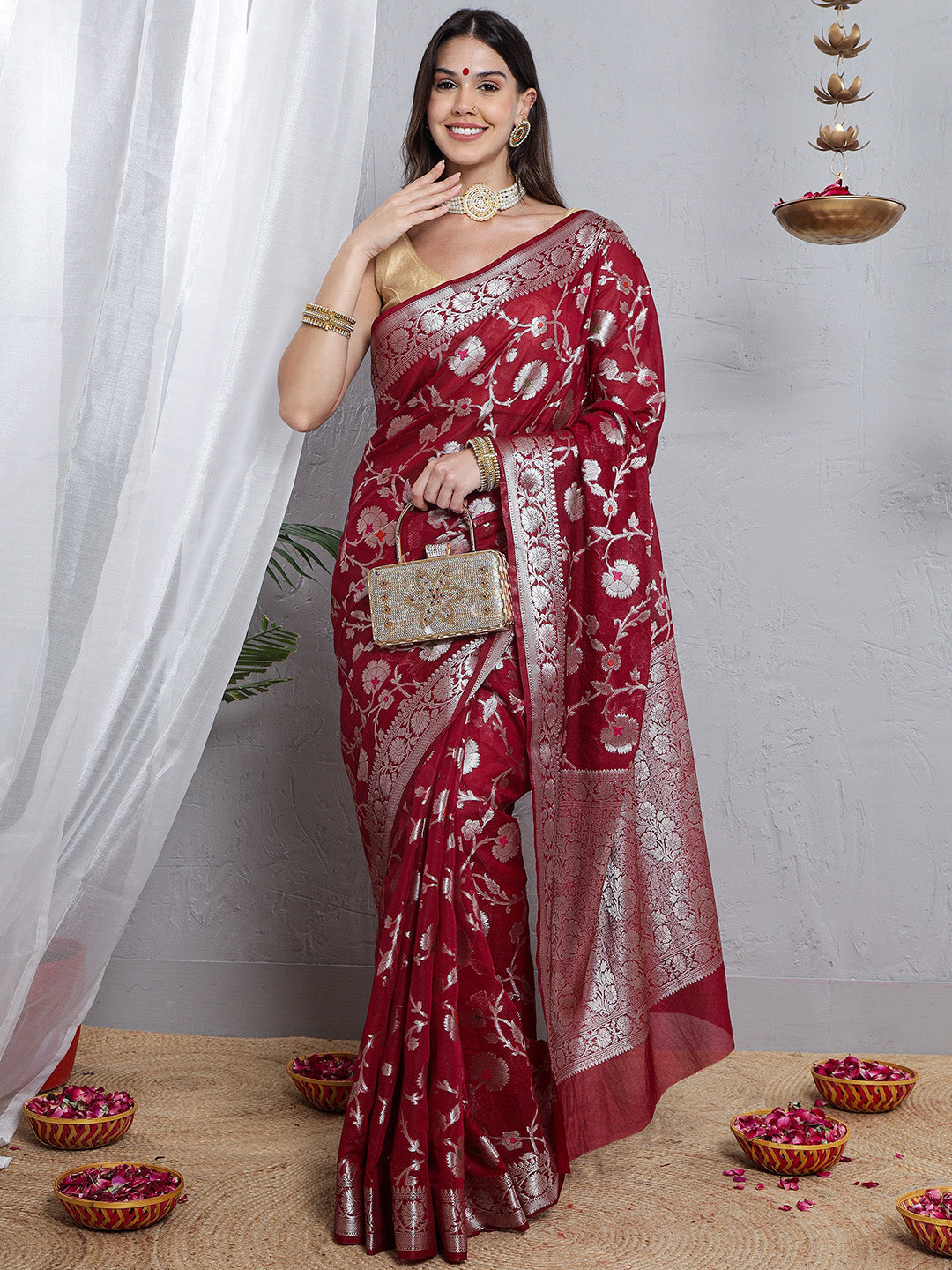 Banarasi Silk Meena Jaal Weave Saree - Maroon